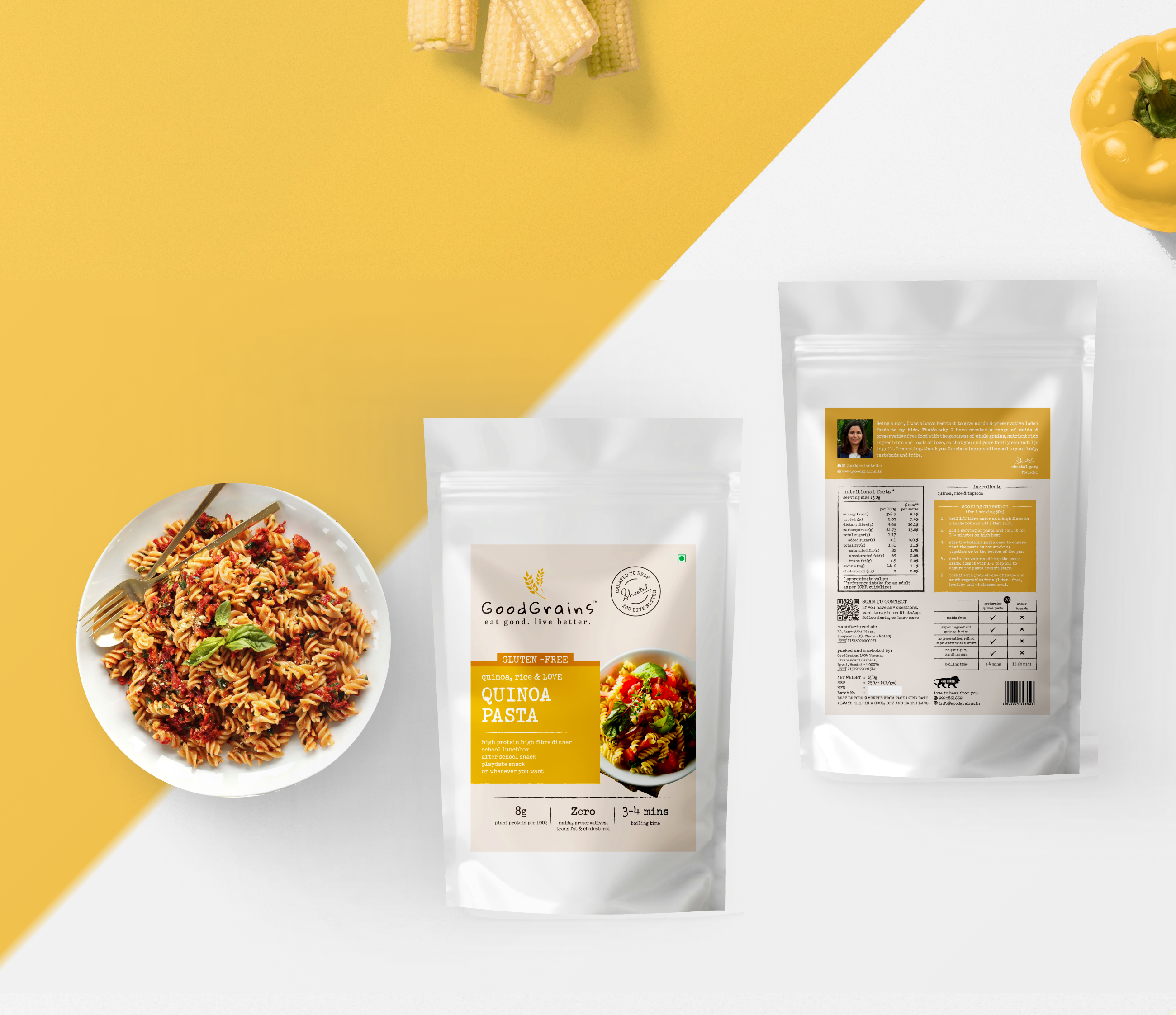 “GoodGrains healthy everyday meals — maida-free, preservative-free, refined sugar-free pancakes, pasta, khichdi, Supora milk mix