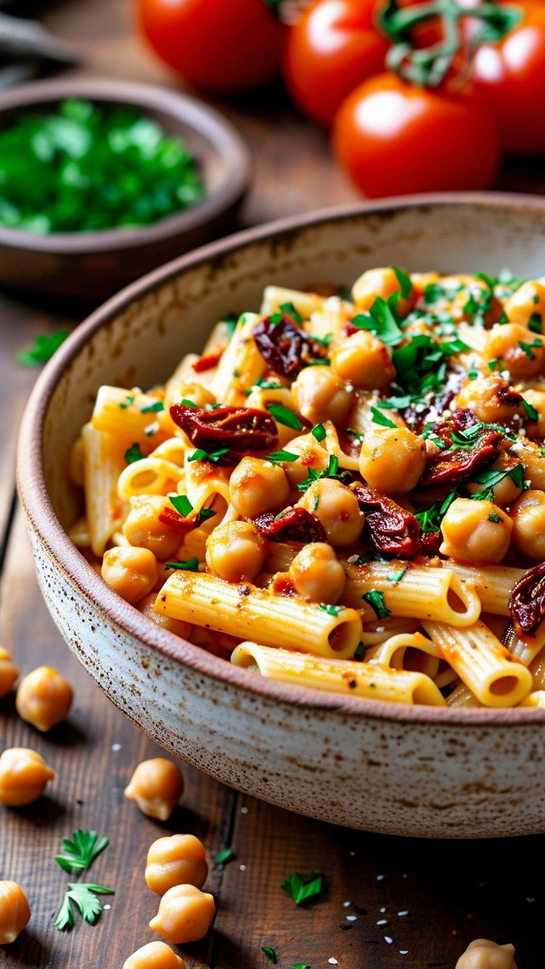 Pasta with Chickpeas & Sundried Tomatoes - GoodGrains.in