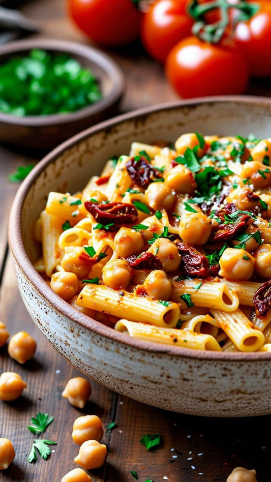 Pasta with Chickpeas & Sundried Tomatoes - GoodGrains.in